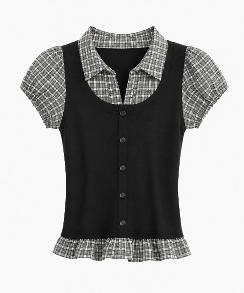 Achic(アシック)の「レイヤード風ストライプシャツドッキング半袖ニットトップス(Tシャツ/カットソー・レディース・ネイビー/グレー/ブラック・M)」の13枚目の写真