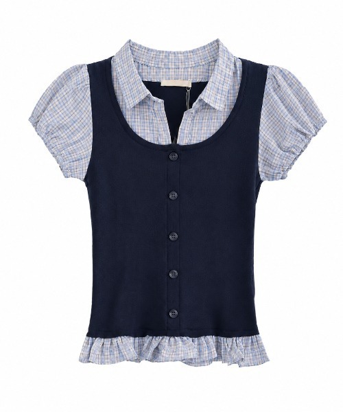 Achic(アシック)の「レイヤード風ストライプシャツドッキング半袖ニットトップス(Tシャツ/カットソー・レディース・ネイビー/グレー/ブラック・M)」の12枚目の写真