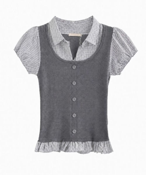 Achic(アシック)の「レイヤード風ストライプシャツドッキング半袖ニットトップス(Tシャツ/カットソー・レディース・ネイビー/グレー/ブラック・M)」の11枚目の写真