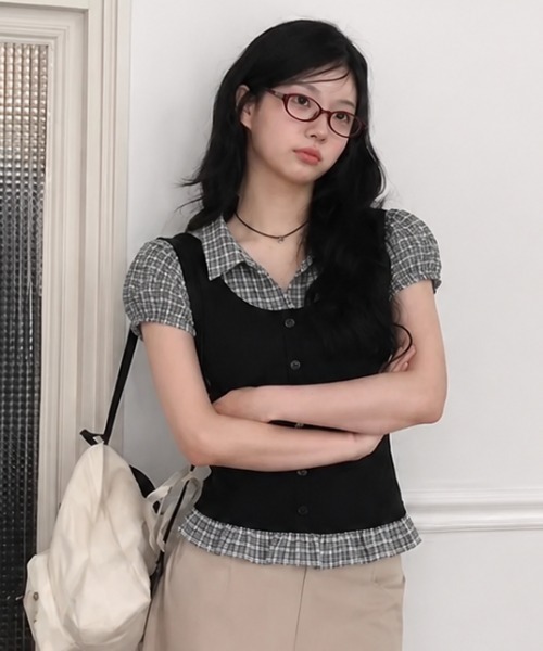 Achic(アシック)の「レイヤード風ストライプシャツドッキング半袖ニットトップス(Tシャツ/カットソー・レディース・ネイビー/グレー/ブラック・M)」の8枚目の写真