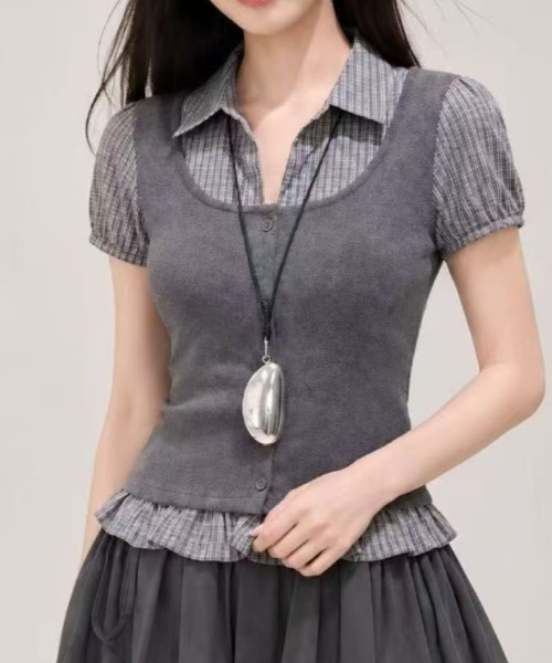 Achic(アシック)の「レイヤード風ストライプシャツドッキング半袖ニットトップス(Tシャツ/カットソー・レディース・ネイビー/グレー/ブラック・M)」の15枚目の写真