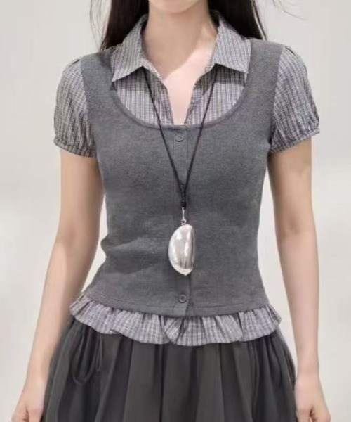 Achic(アシック)の「レイヤード風ストライプシャツドッキング半袖ニットトップス(Tシャツ/カットソー・レディース・ネイビー/グレー/ブラック・M)」の16枚目の写真