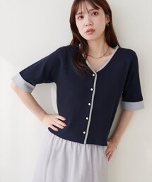 袖口カフス付き配色Vネックカーデ
