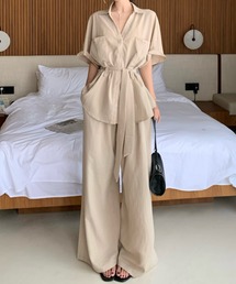 ベルト付きシャツ+ハイウエストパンツセットアップ