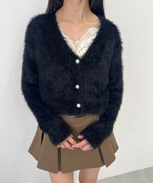 パールボタンフェザータッチショートカーディガン