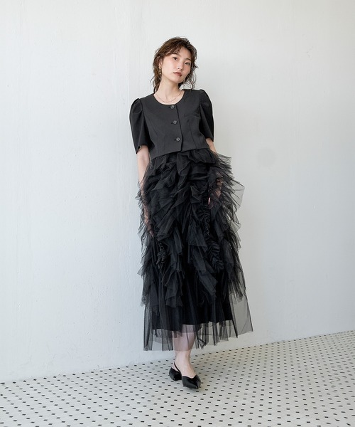 Kana(カナ)の「ボリュームフリルチュールセットアップドレス パーティー 結婚式 お呼ばれ オケージョン デイリー(ドレス・レディース・ホワイト×ブラック/ブラック/ライトブルー・M)」の7枚目の写真