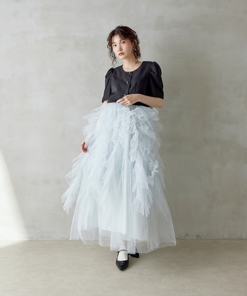 Kana(カナ)の「ボリュームフリルチュールセットアップドレス パーティー 結婚式 お呼ばれ オケージョン デイリー(ドレス・レディース・ホワイト×ブラック/ブラック/ライトブルー・M)」の9枚目の写真