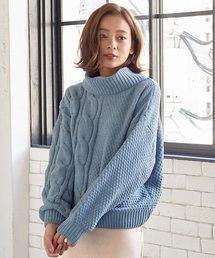 ケーブル編みオフタートルモールニットプルオーバー