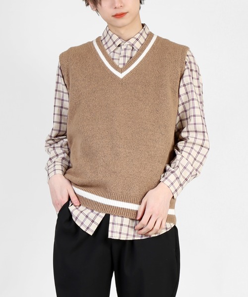 DING（ディング）の「DING/ラインニットベスト（ベスト・レディース・ホワイト/ピンク/グリーン/ベージュ/ブラック・FREE）」の4枚目の写真