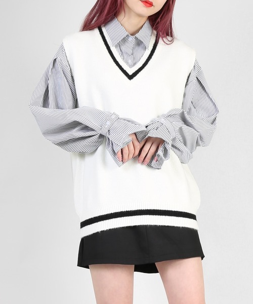 DING（ディング）の「DING/ラインニットベスト（ベスト・レディース・ホワイト/ピンク/グリーン/ベージュ/ブラック・FREE）」の2枚目の写真