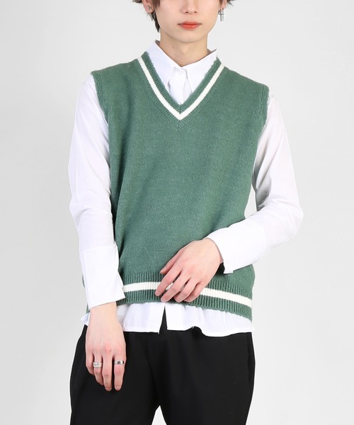 DING（ディング）の「DING/ラインニットベスト（ベスト・レディース・ホワイト/ピンク/グリーン/ベージュ/ブラック・FREE）」の5枚目の写真