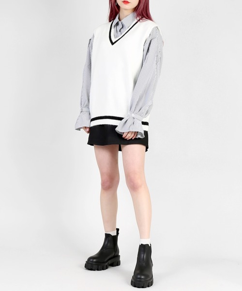 DING（ディング）の「DING/ラインニットベスト（ベスト・レディース・ホワイト/ピンク/グリーン/ベージュ/ブラック・FREE）」の6枚目の写真