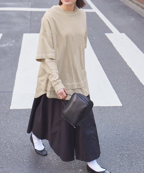 forksy.（フォルクシー）の「【forksy.】ステッチ配色コットンレイヤード2wayロングTシャツ/半袖Tシャツ（Tシャツ/カットソー・レディース・イエロー/グリーン/ダークグレー/ホワイト系その他/ベージュ系その他・FREE）」の3枚目の写真