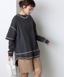 【forksy.】ステッチ配色コットンレイヤード2wayロングTシャツ/半袖Tシャツ