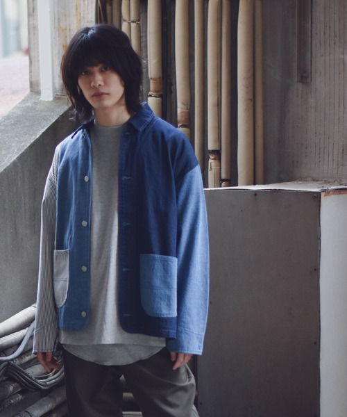 【ユニセックスで着用可能】デニムヒッコリー クレイジーパターン デニムジャケット / カバーオール