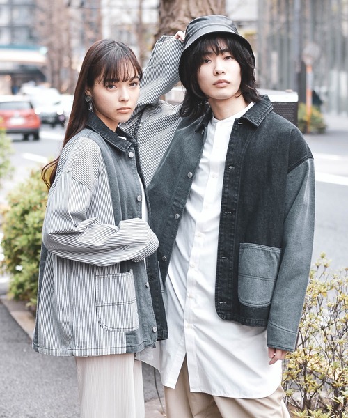 【ユニセックスで着用可能】デニムヒッコリー クレイジーパターン デニムジャケット / カバーオール