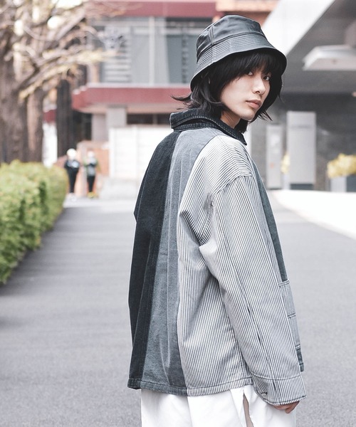 【ユニセックスで着用可能】デニムヒッコリー クレイジーパターン デニムジャケット / カバーオール