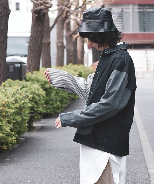 【ユニセックスで着用可能】デニムヒッコリー クレイジーパターン デニムジャケット / カバーオール