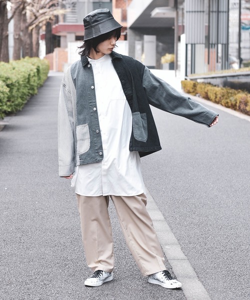 【ユニセックスで着用可能】デニムヒッコリー クレイジーパターン デニムジャケット / カバーオール