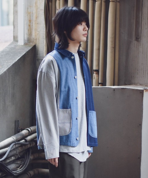 【ユニセックスで着用可能】デニムヒッコリー クレイジーパターン デニムジャケット / カバーオール