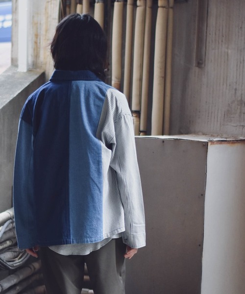 【ユニセックスで着用可能】デニムヒッコリー クレイジーパターン デニムジャケット / カバーオール