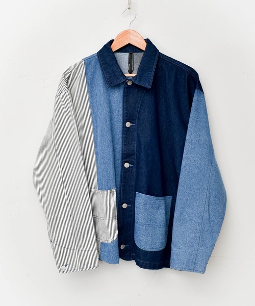 【ユニセックスで着用可能】デニムヒッコリー クレイジーパターン デニムジャケット / カバーオール