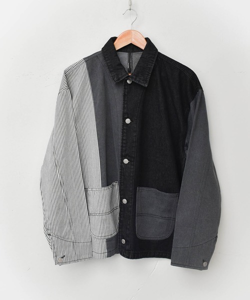 【ユニセックスで着用可能】デニムヒッコリー クレイジーパターン デニムジャケット / カバーオール