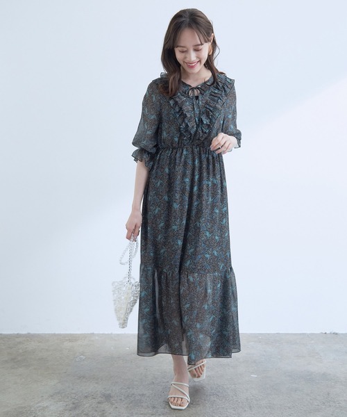 VIS（ビス）の「フロントフリルペイズリー柄ワンピース（ワンピース・レディース・ダークグリーン/ブラック系その他・FREE）」の4枚目の写真