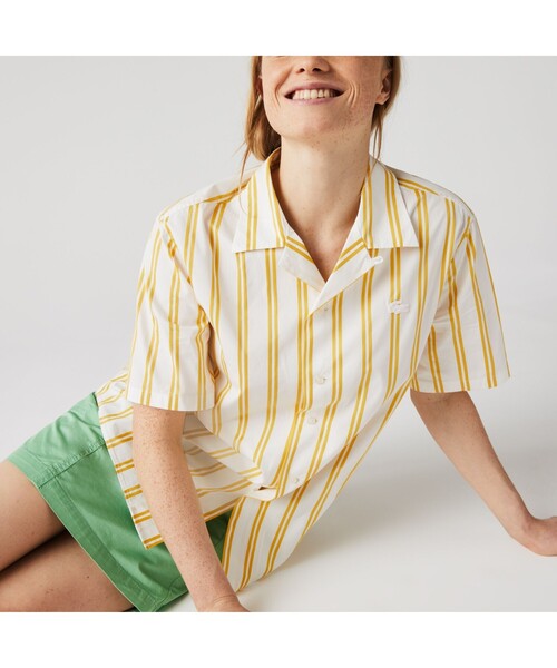 LACOSTE L!VE（ラコステライブ）の「LACOSTE L!VE ダブルストライプオープンネックシャツ（シャツ/ブラウス・メンズ・ホワイト×イエロー・S/M/L/XS）」の6枚目の写真