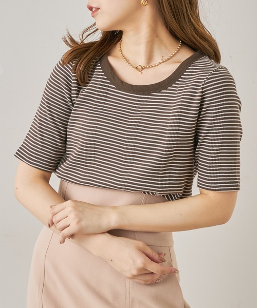 Chico（チコ）の「【新色追加】ボーダー配色チビT（Tシャツ/カットソー・レディース・ホワイト/グリーン/ピンク/ブラック/グリーン系その他/ブラウン/アイボリー/ブラック系その他・FREE）」の5枚目の写真