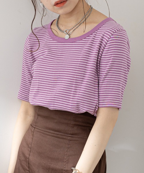 Chico（チコ）の「【新色追加】ボーダー配色チビT（Tシャツ/カットソー・レディース・ホワイト/グリーン/ピンク/ブラック/グリーン系その他/ブラウン/アイボリー/ブラック系その他・FREE）」の8枚目の写真