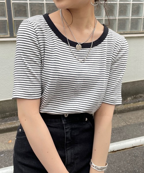 Chico（チコ）の「【新色追加】ボーダー配色チビT（Tシャツ/カットソー・レディース・ホワイト/グリーン/ピンク/ブラック/グリーン系その他/ブラウン/アイボリー/ブラック系その他・FREE）」の9枚目の写真