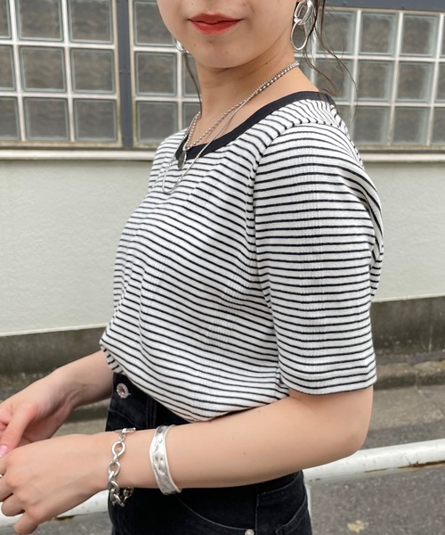 Chico（チコ）の「【新色追加】ボーダー配色チビT（Tシャツ/カットソー・レディース・ホワイト/グリーン/ピンク/ブラック/グリーン系その他/ブラウン/アイボリー/ブラック系その他・FREE）」の12枚目の写真