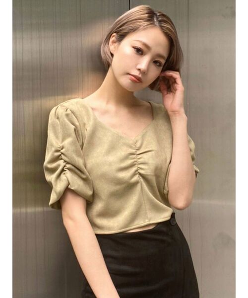 EMODA（エモダ）の「フロントギャザーショートトップ（Tシャツ/カットソー・レディース・カーキ/ブラック/ブラウン/グレー・FREE）」の14枚目の写真