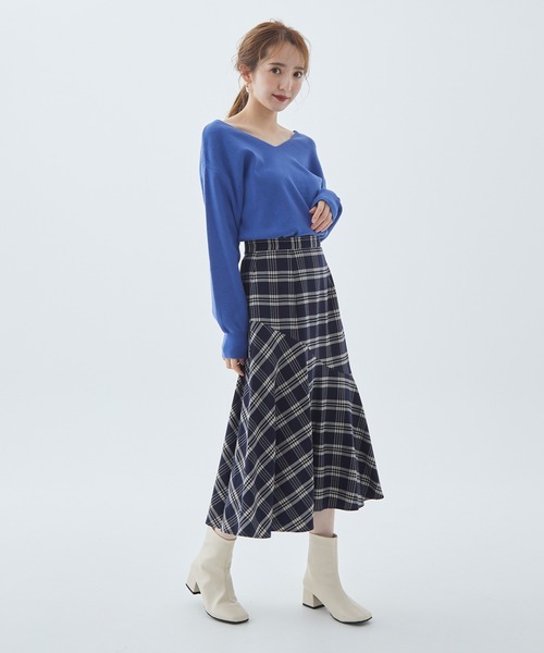 Fabulous Angela（ファビュラスアンジェラ）の「チェック切り替えフレアスカート（スカート・レディース・ネイビー/ブラック/グリーン・FREE）」の4枚目の写真