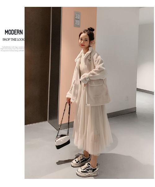 おしゃれスタ(オシャレスタ)の「もこもこボア レザーパイピングジャケット(その他アウター・レディース・ホワイト/グリーン・M/L/XL)」の13枚目の写真