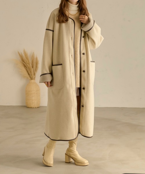 Ambre Neige(アンブルネージュ)の「パイピングロングコート/【WEB/EC限定商品】(ノーカラーコート・レディース・アイボリー/ベージュ/ダークブラウン・FREE)」の11枚目の写真