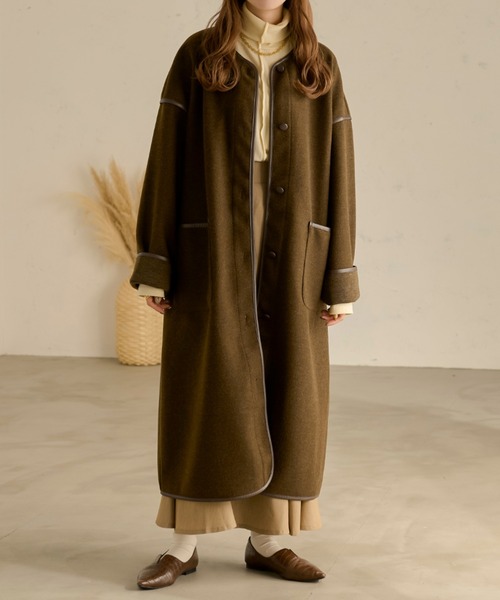 Ambre Neige(アンブルネージュ)の「パイピングロングコート/【WEB/EC限定商品】(ノーカラーコート・レディース・アイボリー/ベージュ/ダークブラウン・FREE)」の10枚目の写真