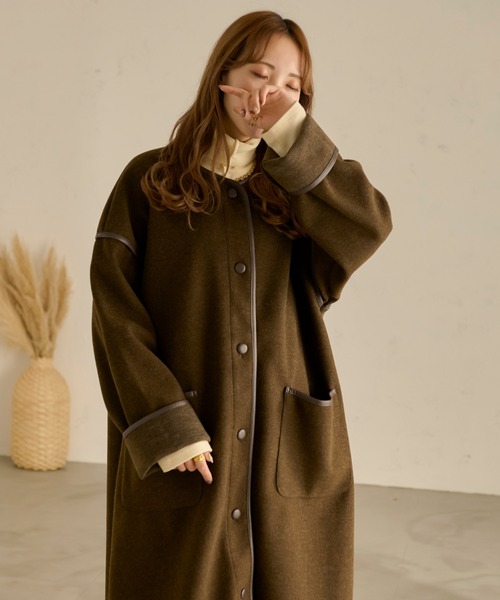 セール】パイピングロングコート／【WEB/EC限定商品】（ノーカラー