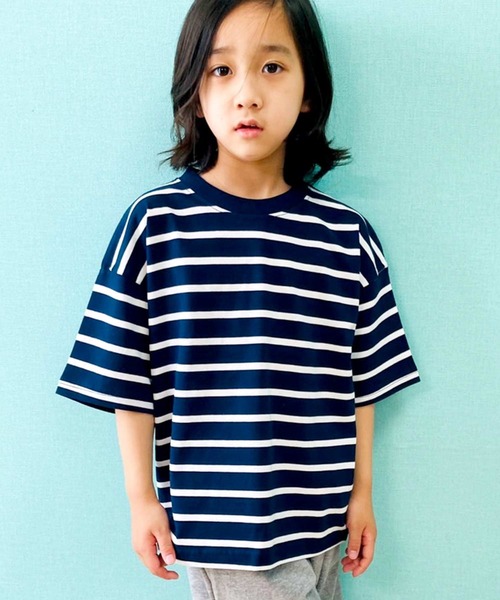 THE CASUAL（カジュアル）の「ビッグシルエット 先染めボーダー クルーネック半袖Tシャツ キッズ（Tシャツ/カットソー・キッズ・ブラック/ダークグリーン/ベージュ/ネイビー/オフホワイト/杢グレー/チャコール/モカ/ベージュ系/ブルー/ネイビー系/ラベンダー・110cm/120cm/130cm/140cm/150cm/160cm）」の11枚目の写真