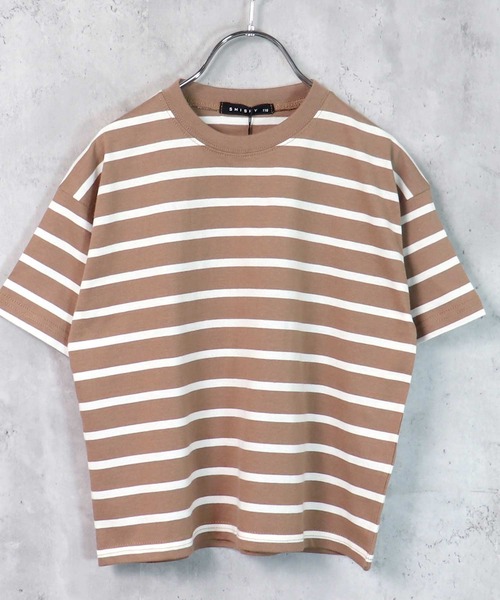 THE CASUAL（カジュアル）の「ビッグシルエット 先染めボーダー クルーネック半袖Tシャツ キッズ（Tシャツ/カットソー・キッズ・ブラック/ダークグリーン/ベージュ/ネイビー/オフホワイト/杢グレー/チャコール/モカ/ベージュ系/ブルー/ネイビー系/ラベンダー・110cm/120cm/130cm/140cm/150cm/160cm）」の6枚目の写真