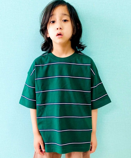 THE CASUAL（カジュアル）の「ビッグシルエット 先染めボーダー クルーネック半袖Tシャツ キッズ（Tシャツ/カットソー・キッズ・ブラック/ダークグリーン/ベージュ/ネイビー/オフホワイト/杢グレー/チャコール/モカ/ベージュ系/ブルー/ネイビー系/ラベンダー・110cm/120cm/130cm/140cm/150cm/160cm）」の8枚目の写真