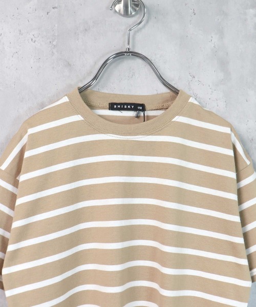 THE CASUAL（カジュアル）の「ビッグシルエット 先染めボーダー クルーネック半袖Tシャツ キッズ（Tシャツ/カットソー・キッズ・ブラック/ダークグリーン/ベージュ/ネイビー/オフホワイト/杢グレー/チャコール/モカ/ベージュ系/ブルー/ネイビー系/ラベンダー・110cm/120cm/130cm/140cm/150cm/160cm）」の22枚目の写真