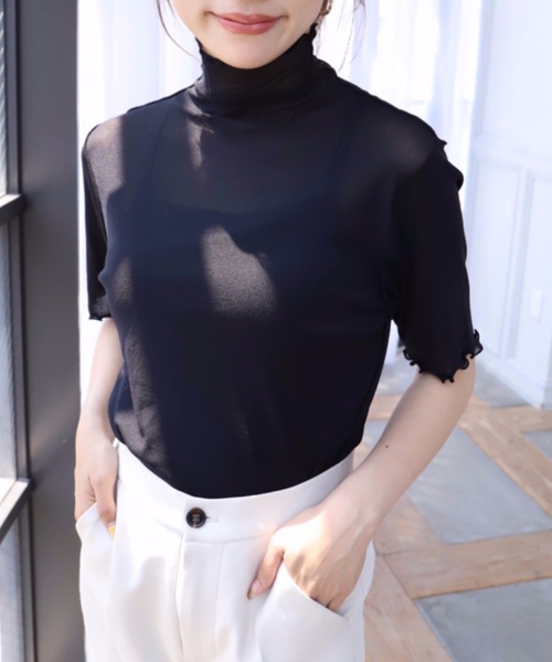 moment+(モーメントプラス)の「シアーハイネックメロー半袖プルオーバー(Tシャツ/カットソー・レディース・ブラック/オフホワイト・M)」の1枚目の写真