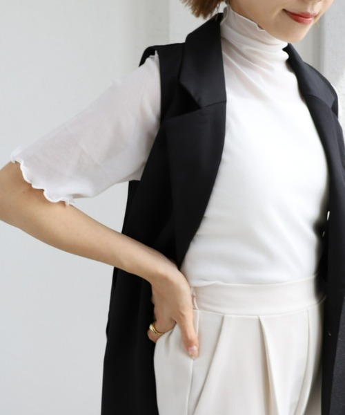 moment+(モーメントプラス)の「シアーハイネックメロー半袖プルオーバー(Tシャツ/カットソー・レディース・ブラック/オフホワイト・M)」の16枚目の写真