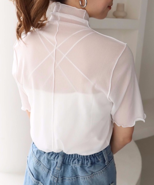 moment+(モーメントプラス)の「シアーハイネックメロー半袖プルオーバー(Tシャツ/カットソー・レディース・ブラック/オフホワイト・M)」の3枚目の写真