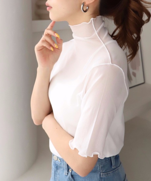 moment+(モーメントプラス)の「シアーハイネックメロー半袖プルオーバー(Tシャツ/カットソー・レディース・ブラック/オフホワイト・M)」の5枚目の写真