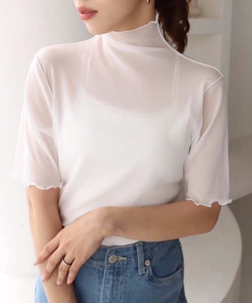moment+(モーメントプラス)の「シアーハイネックメロー半袖プルオーバー(Tシャツ/カットソー・レディース・ブラック/オフホワイト・M)」の7枚目の写真