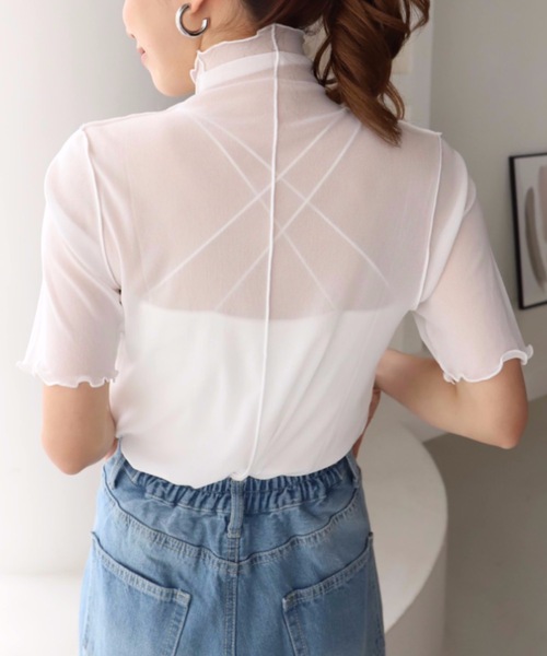 moment+(モーメントプラス)の「シアーハイネックメロー半袖プルオーバー(Tシャツ/カットソー・レディース・ブラック/オフホワイト・M)」の4枚目の写真