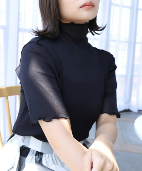 moment+(モーメントプラス)の「シアーハイネックメロー半袖プルオーバー(Tシャツ/カットソー・レディース・ブラック/オフホワイト・M)」の21枚目の写真
